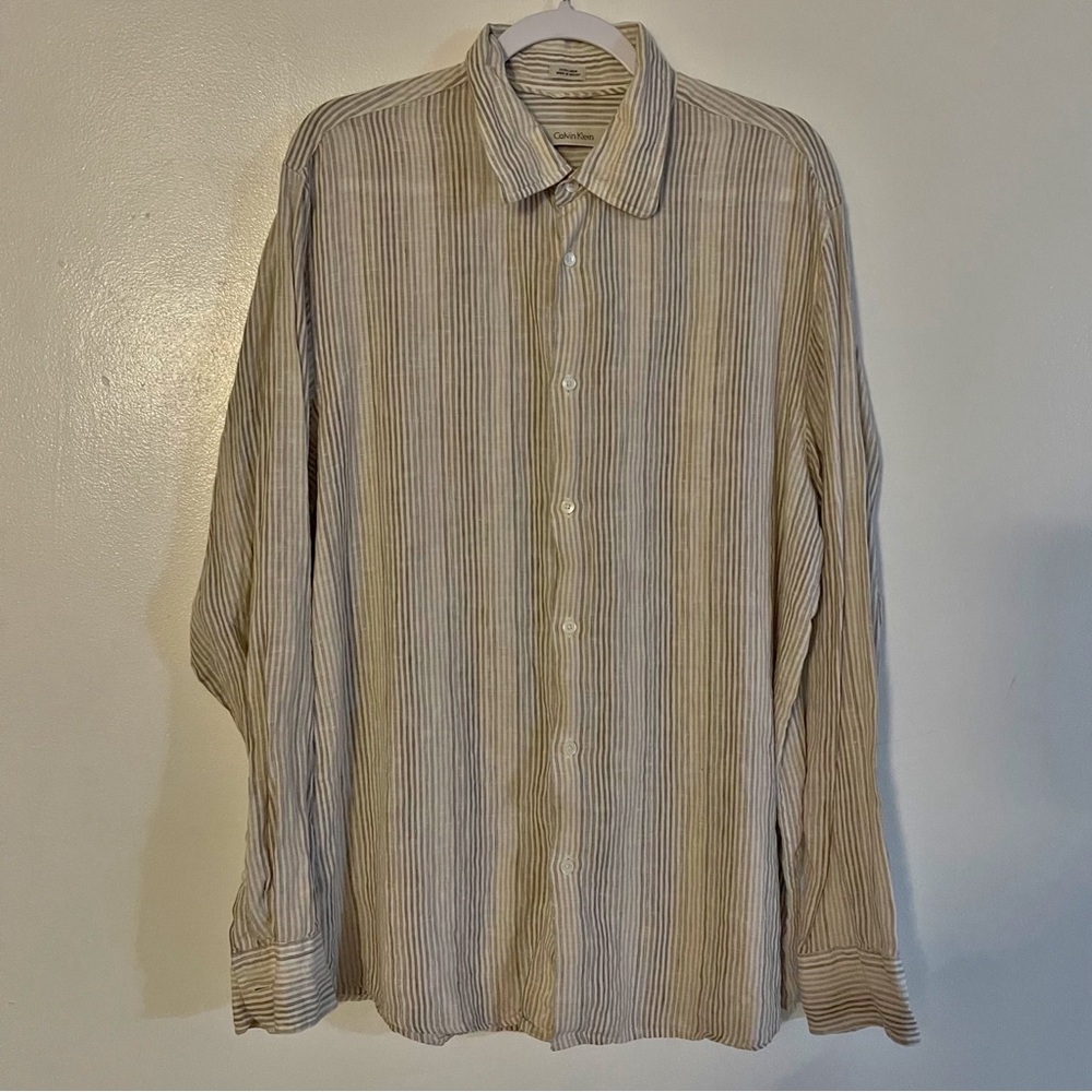 👚CALVIN KLEIN JEANS CREAM
W/BROWN CASUAL BUTTON DOWN
SHIRT LONG SLEEVE MENS L
